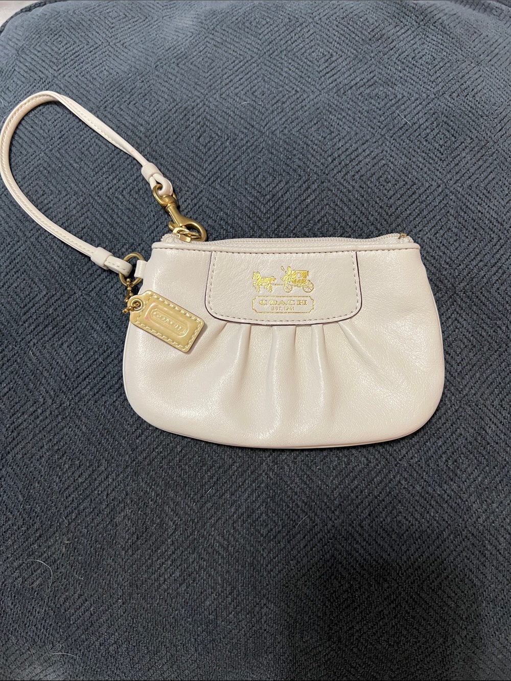 Coach Ivory Pebbled Leather Wristlet with Gold Hardware